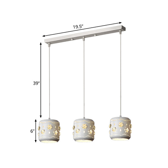 Modern Flower Crystal Pendant Light With Small Drum Cluster And 3 Bulbs In White