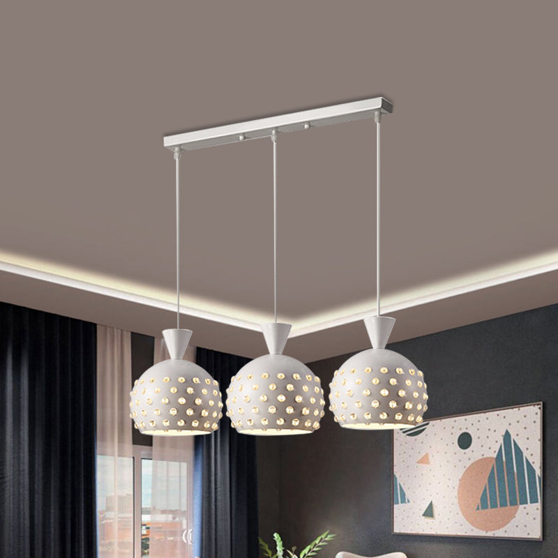 Minimalist Metal Pendant With Crystal Bead Decor - 3 Headed Domed Restaurant Lamp