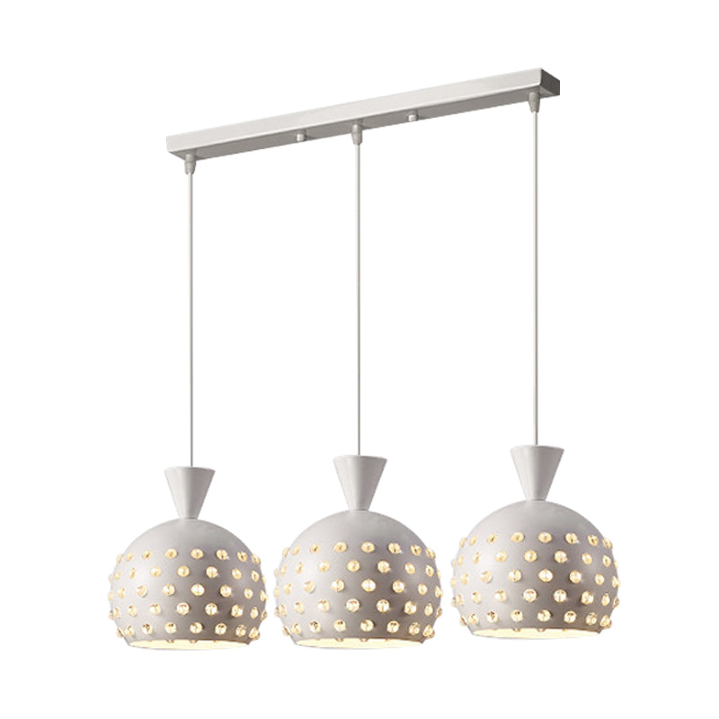 Minimalist Metal Pendant With Crystal Bead Decor - 3 Headed Domed Restaurant Lamp