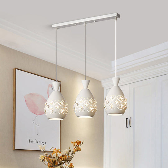 Modern 3-Bulb Wine Can Suspension Light - White Finish Iron Multi-Ceiling Lamp With Crystal Accent