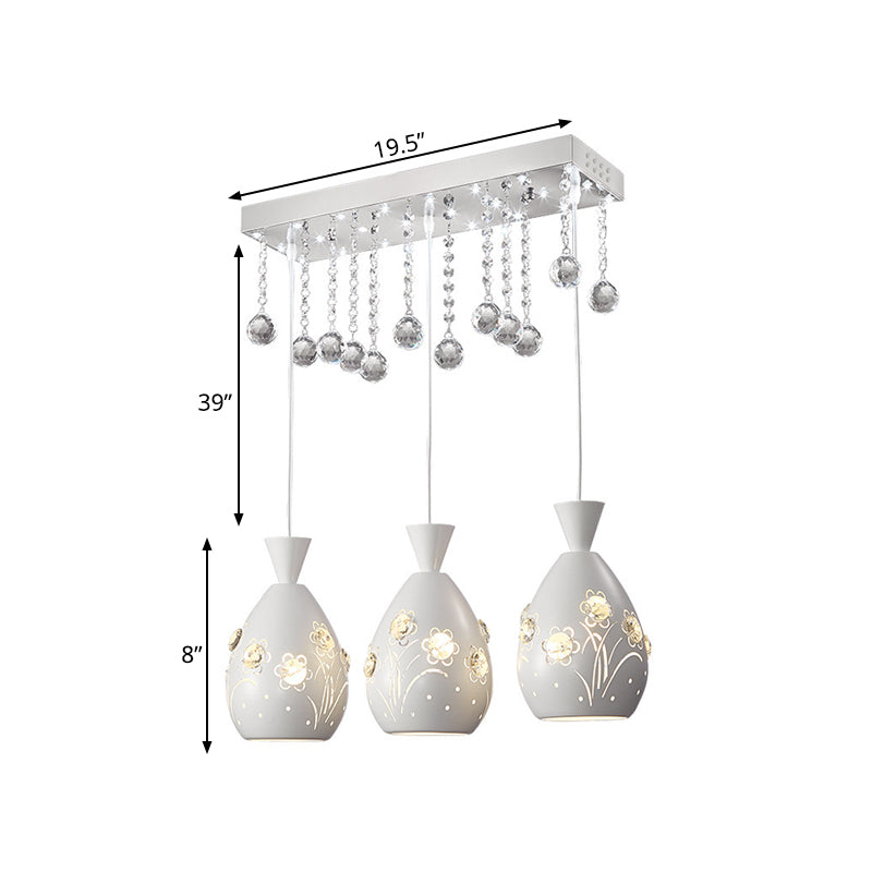 Modern 3-Light White Ceiling Lamp With Crystal Droplet And Hollow-Out Floret Design