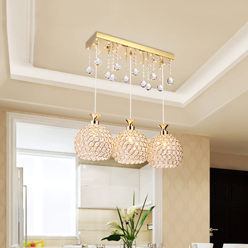 Contemporary Multi-Pendant Hanging Light With Crystal Encrusted Balls - 3 Bulbs Gold Finish