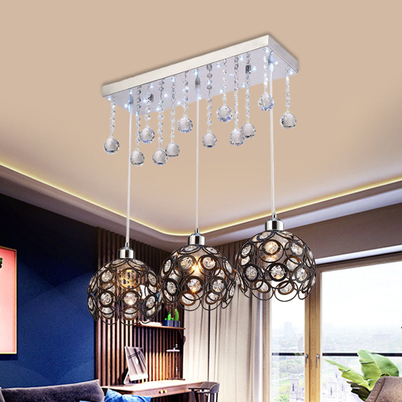 Black Crystal Suspended Multi-Pendant Light With Minimalist Design And 3 Heads