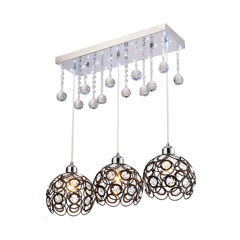 Black Crystal Suspended Multi-Pendant Light With Minimalist Design And 3 Heads