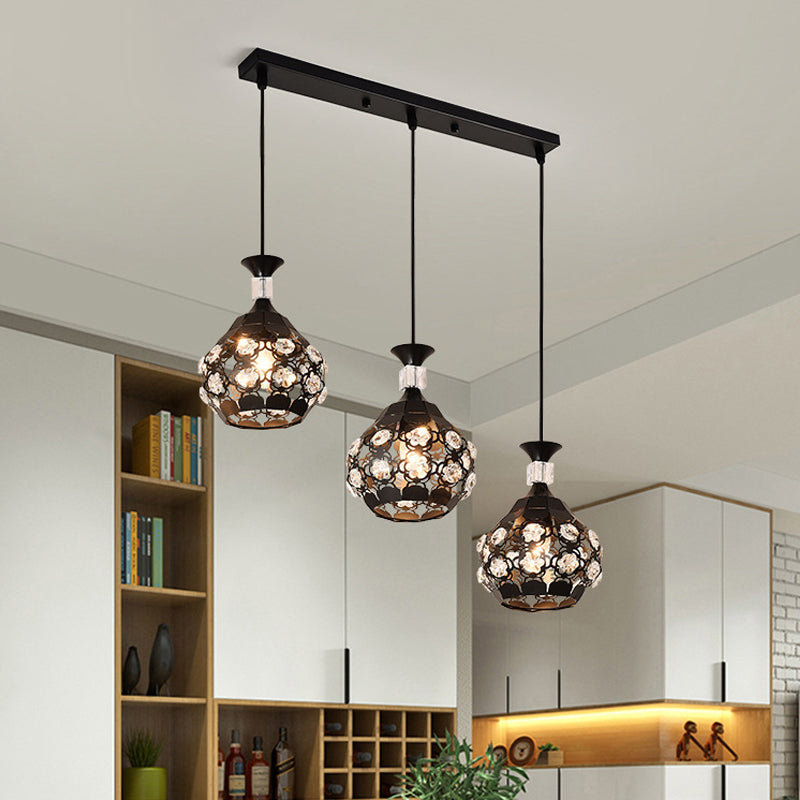 Modern Black Onion Suspension Light With Crystal Encrusted Cluster And 3 Bulbs