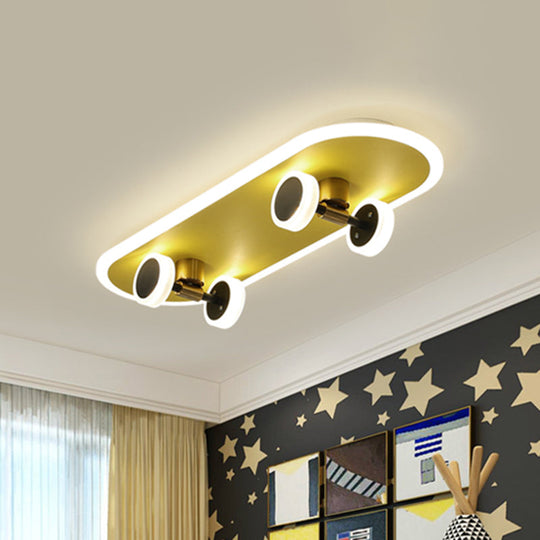 Kid’s Led Gold Skateboard Ceiling Light For Boys Bedroom - Acrylic Flush Mount Fixture