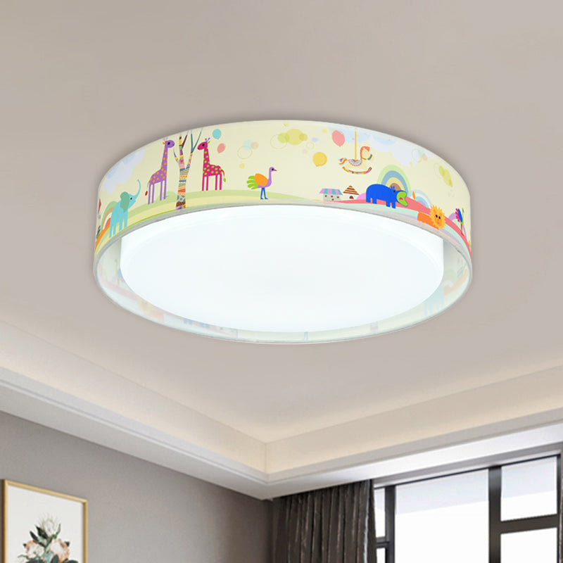 Cartoon Led Metal Flush Mount Light With Animal Pattern For Bedroom - Beige/Blue Drum Lighting Beige