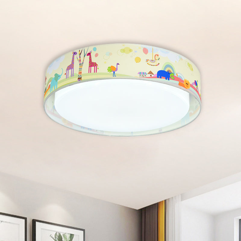 Cartoon Led Metal Flush Mount Light With Animal Pattern For Bedroom - Beige/Blue Drum Lighting