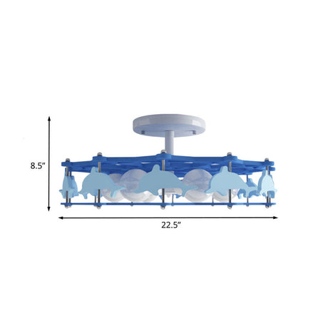 Dolphin Kindergarten Ceiling Light - Cartoon Blue Metal Flush Mount With 6 Bulbs