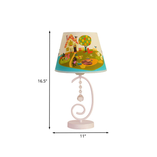 White Cartoon Night Lamp With Crystal Drop And Fun Animal Patterns Barrel Table Light