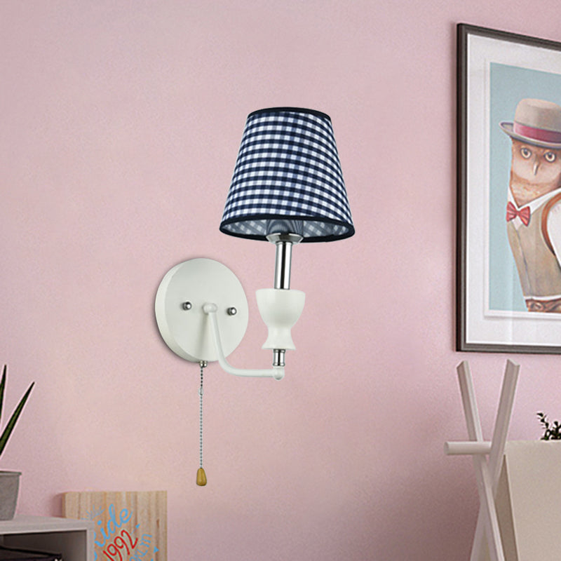 Modern Dark Blue 1-Head Barrel Wall Lamp With Pull Chain - Perfect For Bedrooms