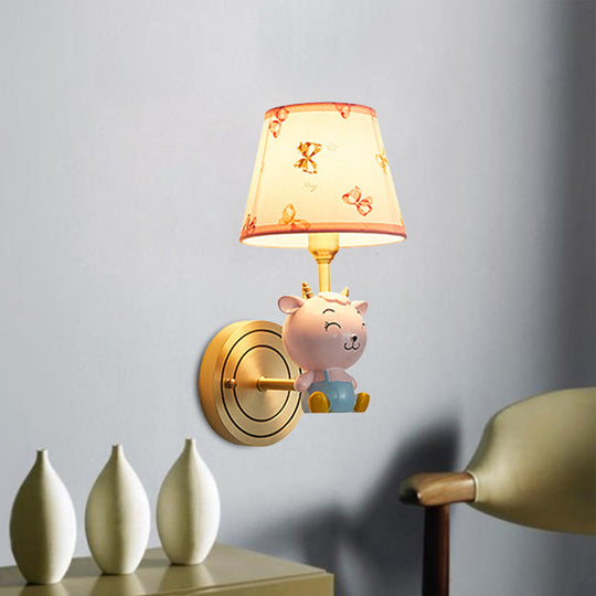 Gold Bucket Wall Sconce With Sheep Decoration: Cartoon 1 Head Fabric Lamp+