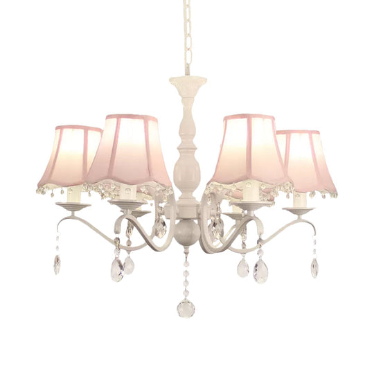 Contemporary 6-Light Pink/Blue Scalloped Fabric Pendant Chandelier With Crystal Droplet