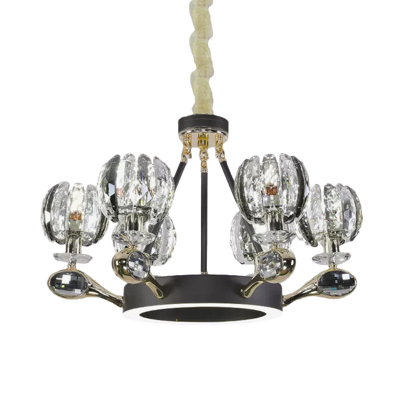 Modernist Crystal Bud Suspension Light - 6 Head Black Chandelier