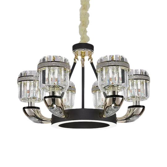Modern Black Hoop Chandelier With Drum Crystal Prisms - 6 Bulbs Living Room Pendant Lighting