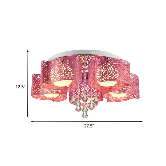 Contemporary Metallic Windmill Flushmount Light With Orb Frosted Glass Shade - Rose Red Finish