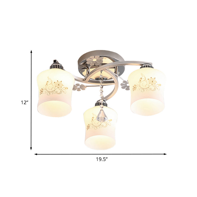 Modern White Glass Semi Flush Ceiling Lamp With Chrome Finish - Patterned 3-Head Spiral Design