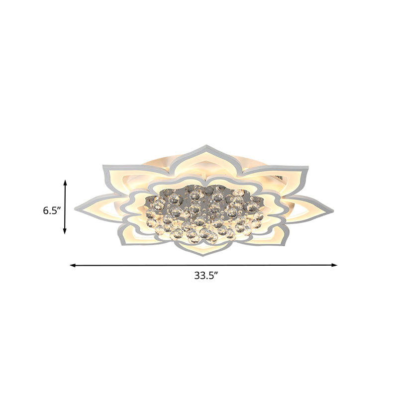 Contemporary Acrylic Flower Flush Light With Led Crystal Droplets - White