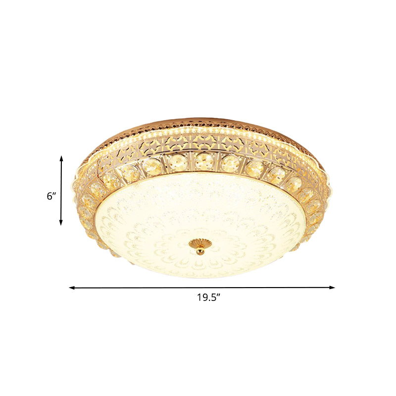 Modern Gold Finish Flush Mount Ceiling Light With Crystal Block Accents - Led Round Lamp