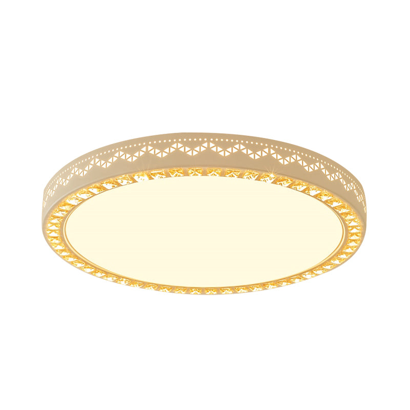 Metal Flat Drum Flush Led Mount Lamp Fixture In White With Crystal Accent