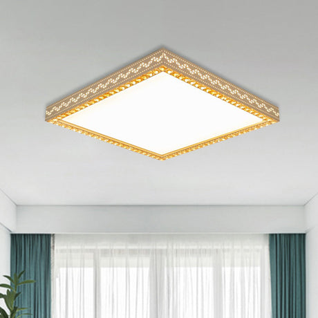 Minimalistic Led White Flush Ceiling Light With Crystal Block Deco - Metallic Finish