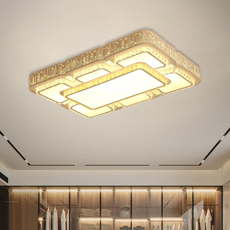 Modern Led Crystal Flush Mount Lamp: White Rectangular Design With Laser-Cut City Pattern