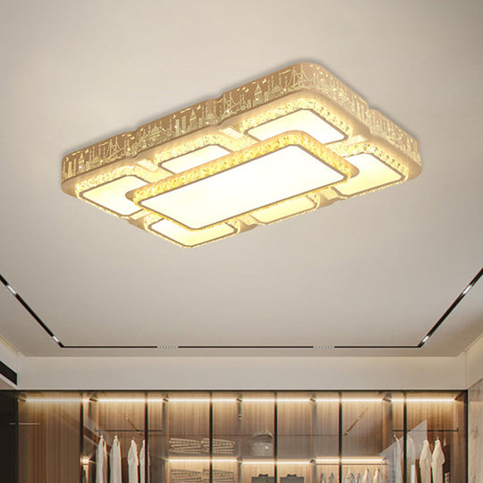Modern Led Crystal Flush Mount Lamp: White Rectangular Design With Laser-Cut City Pattern