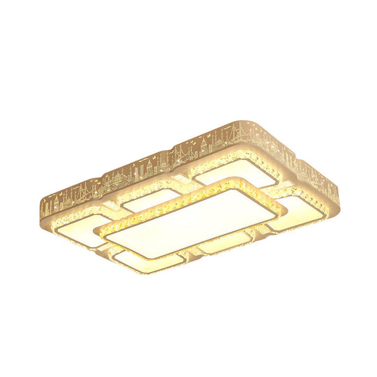 Modern Led Crystal Flush Mount Lamp: White Rectangular Design With Laser - Cut City Pattern
