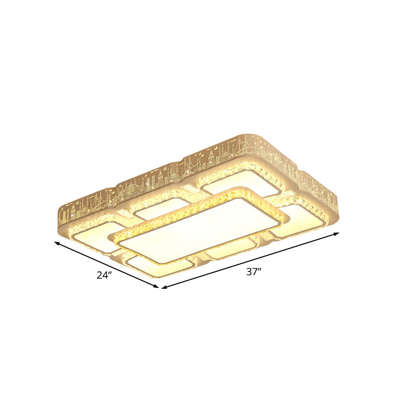 Modern Led Crystal Flush Mount Lamp: White Rectangular Design With Laser-Cut City Pattern