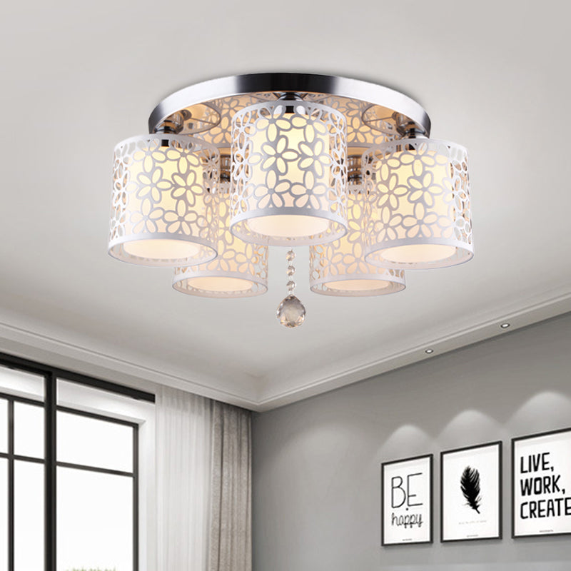 Hollow - Out Cylinder Ceiling Flush Mount With White Finish And Cream Glass Shade - Modern 5 - Head