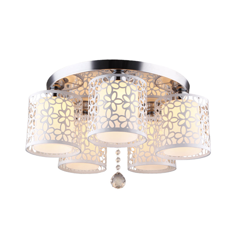 Hollow - Out Cylinder Ceiling Flush Mount With White Finish And Cream Glass Shade - Modern 5 - Head