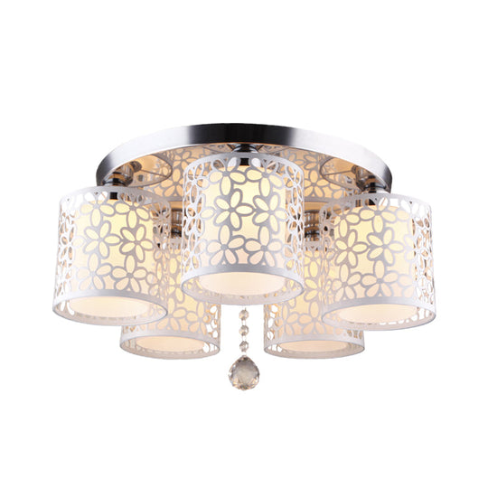 Hollow-Out Cylinder Ceiling Flush Mount With White Finish And Cream Glass Shade - Modern 5-Head