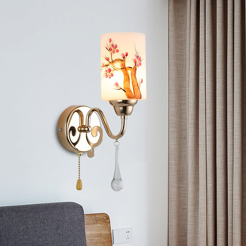 Contemporary Gold Finish Wall Lamp With Cream Glass Shade & Pull Chain 1 /