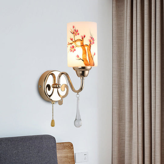 Contemporary Gold Finish Wall Lamp With Cream Glass Shade & Pull Chain 1 /