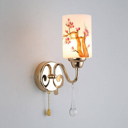 Contemporary Gold Finish Wall Lamp With Cream Glass Shade & Pull Chain