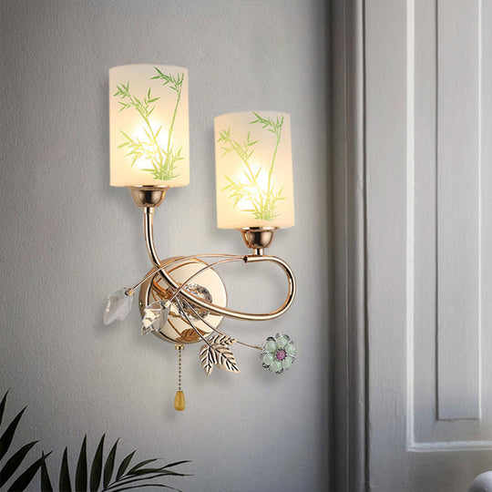 Modernist Glass Cylinder Sconce With 2 Lights And Gold Pull Chain - Wall Mounted Lamp