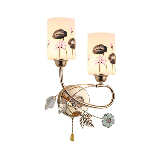 Modern Lotus Glass Wall Sconce With Gold Finish And Pull Chain - 2 Head Cylinder Lamp