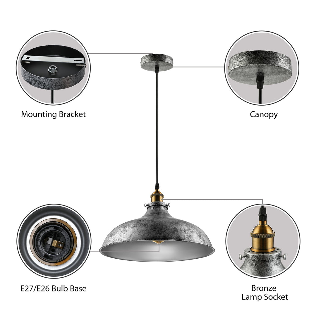 Antique Stylish Silver Gray Iron Dome Ceiling Light With Cord - Perfect For Living Room
