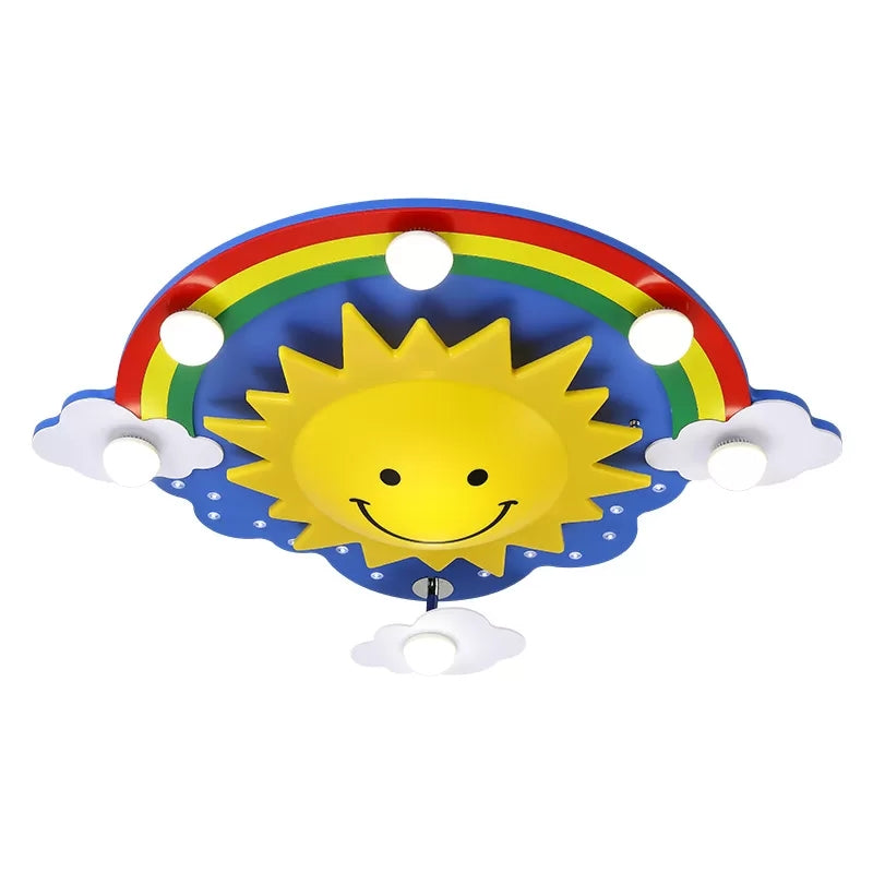 Smiling Sun Flush Ceiling Light In Yellow For Game Room - Cartoon Design Wood Finish Red - Yellow /