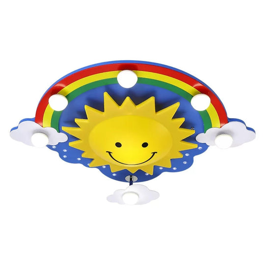 Smiling Sun Flush Ceiling Light In Yellow For Game Room - Cartoon Design Wood Finish Red - Yellow /