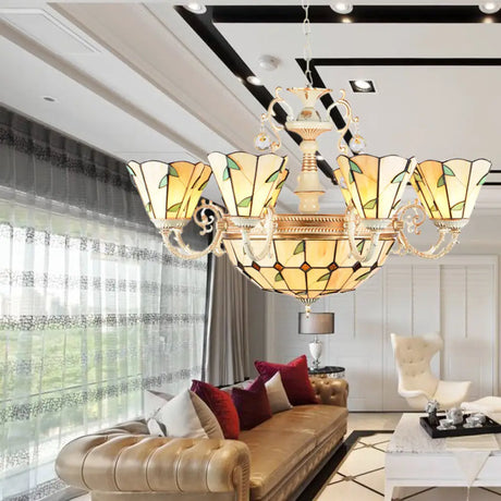 9/11 Lights Stained Glass Indoor Pendant Light: Cone And Dome Shade Rustic Beige Chandelier 11 /