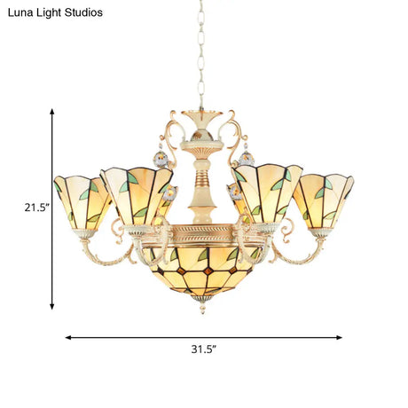 9/11 Lights Stained Glass Indoor Pendant Light: Cone And Dome Shade Rustic Beige Chandelier