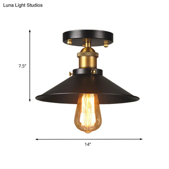 9.5’-10’ Dia Flat Shade Ceiling Mounted Light: Industrial Metallic Single Head Flush Light In Black