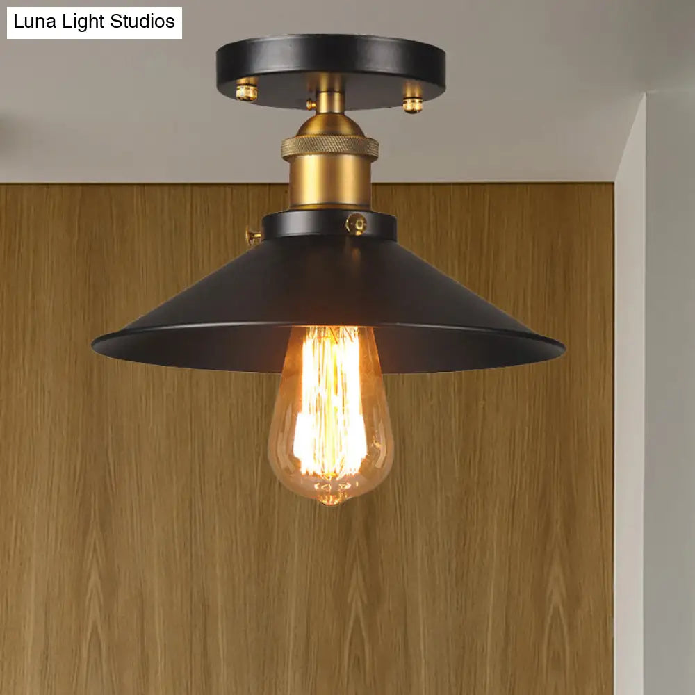 9.5-10 Dia Flat Shade Ceiling Mounted Light: Industrial Metallic Single Head Flush Light In Black