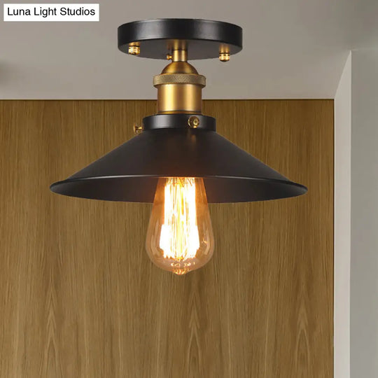 9.5-10 Dia Flat Shade Ceiling Mounted Light: Industrial Metallic Single Head Flush Light In Black