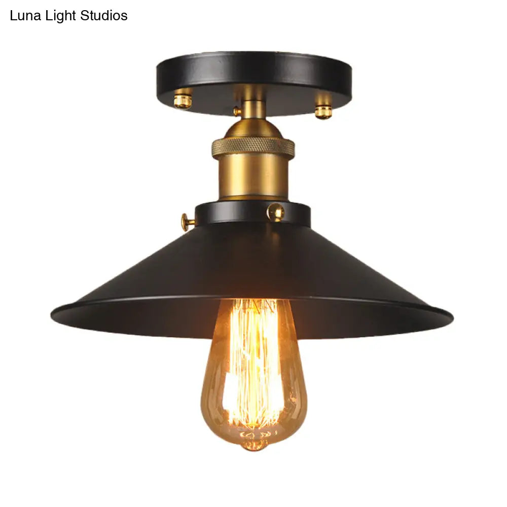 9.5’-10’ Dia Flat Shade Ceiling Mounted Light: Industrial Metallic Single Head Flush Light In Black
