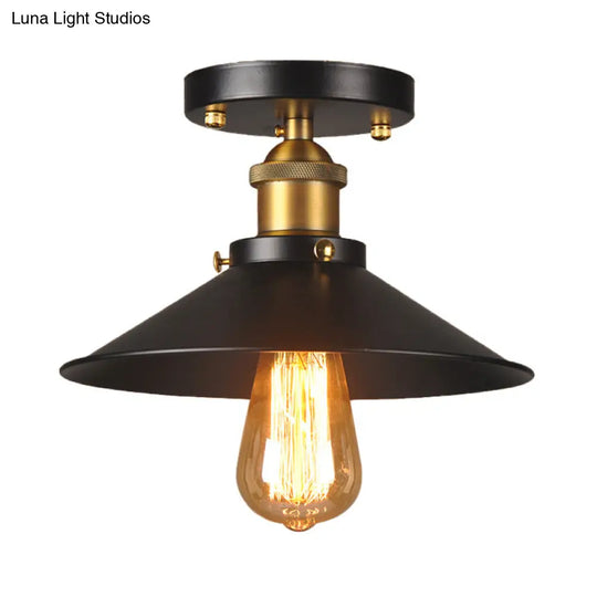 9.5’-10’ Dia Flat Shade Ceiling Mounted Light: Industrial Metallic Single Head Flush Light In Black