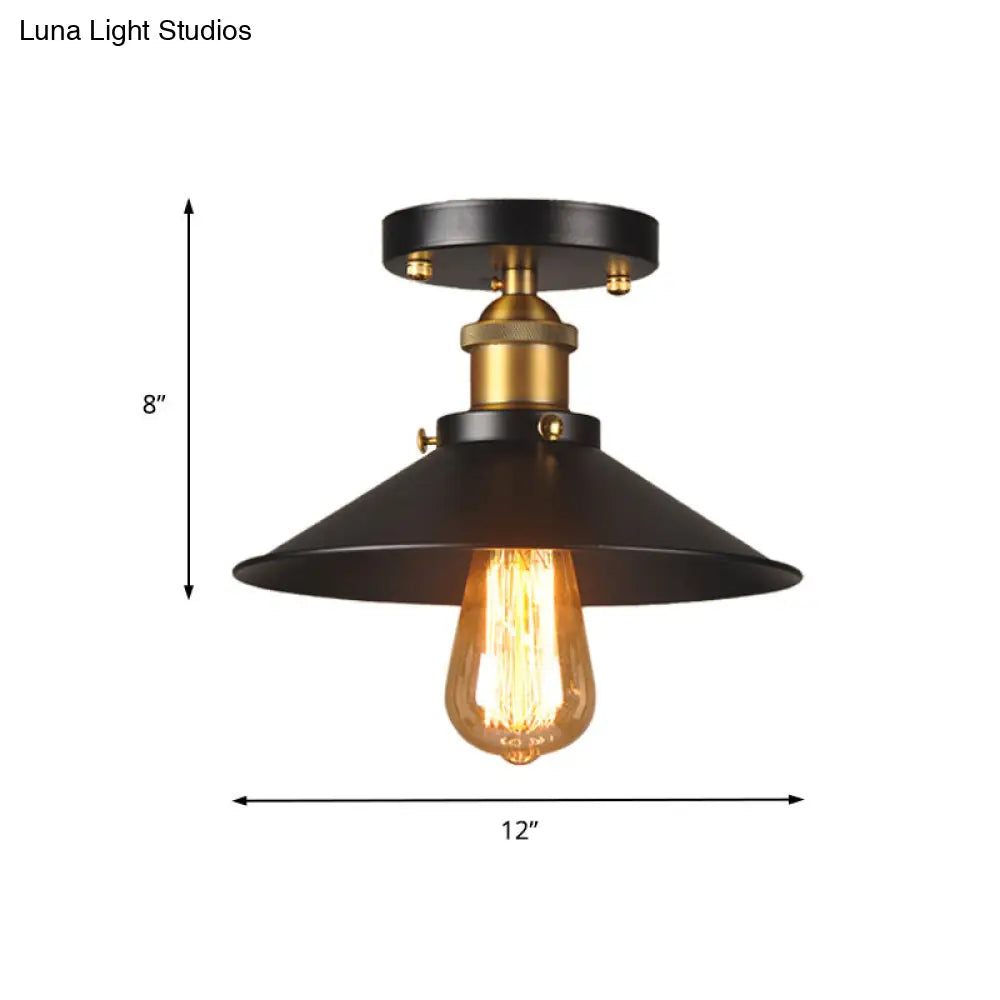 9.5’-10’ Dia Flat Shade Ceiling Mounted Light: Industrial Metallic Single Head Flush Light In Black