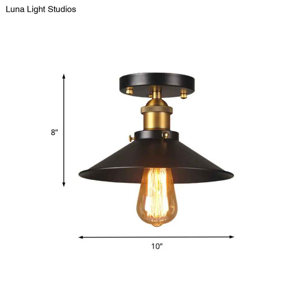 9.5’-10’ Dia Flat Shade Ceiling Mounted Light: Industrial Metallic Single Head Flush Light In Black