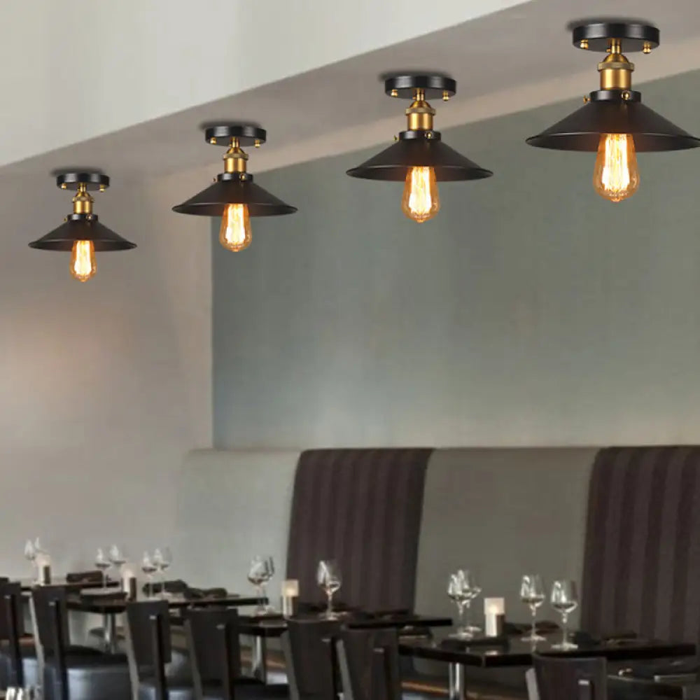 9.5’-10’ Dia Flat Shade Ceiling Mounted Light: Industrial Metallic Single Head Flush Light In